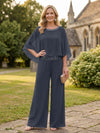 Chiffon Pantsuit Crew Neck Mother of the Bride Pantsuits with Rhinestone