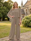 Chiffon Pantsuit Crew Neck Mother of the Bride Pantsuits with Rhinestone