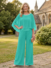 Chiffon Pantsuit Crew Neck Mother of the Bride Pantsuits with Rhinestone