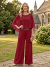 Chiffon Pantsuit Crew Neck Mother of the Bride Pantsuits with Rhinestone