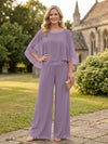 Chiffon Pantsuit Crew Neck Mother of the Bride Pantsuits with Rhinestone