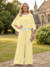 Chiffon Pantsuit Crew Neck Mother of the Bride Pantsuits with Rhinestone