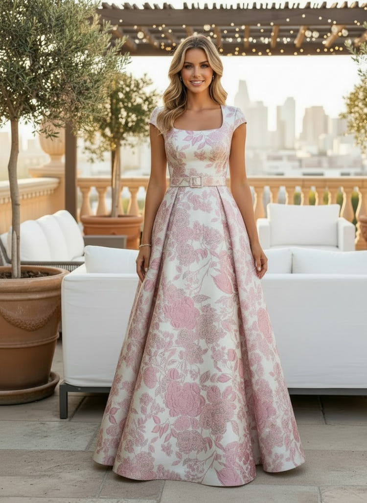 Jacquard A-Line Square Neck Mother of the Bride Dresses with Belt