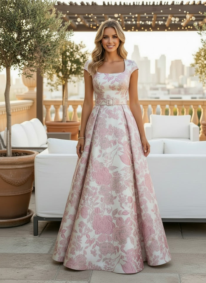 Jacquard A-Line Square Neck Mother of the Bride Dresses with Belt