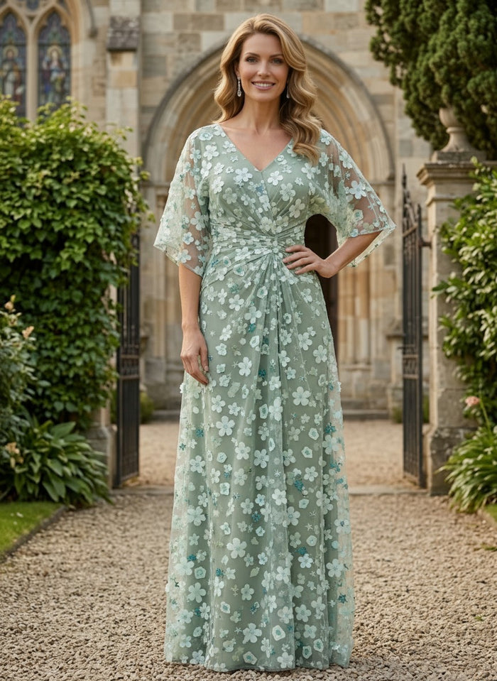 Tulle A-Line V Neck Mother of the Bride Dresses with 3D Flowers