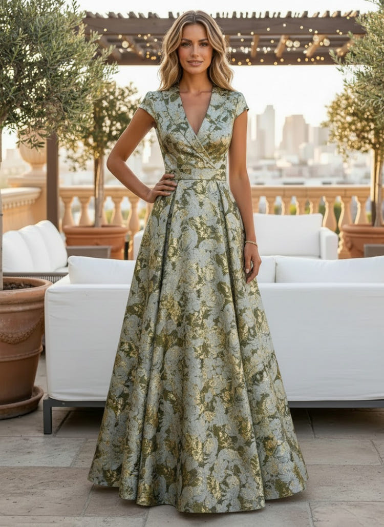 Jacquard A-Line V Neck Mother of the Bride Dresses with Pleated