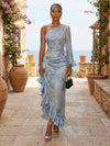 Jacquard Sheath One Shoulder Mother of the Bride Dresses with Ruffles