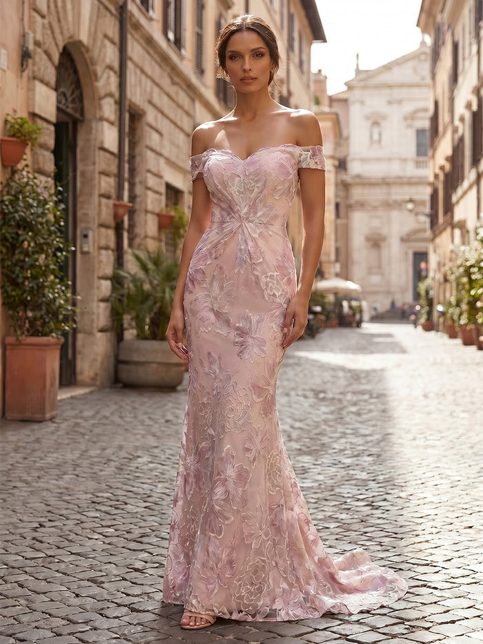 Tulle Mermaid Off Shoulder Mother of the Bride Dresses with Floral Embroidery
