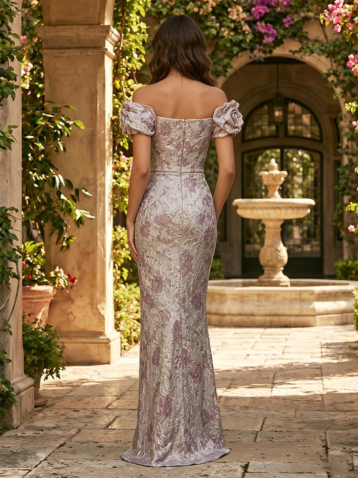 Jacquard Mermaid Off Shoulder Formal Dresses with 3D Flowers