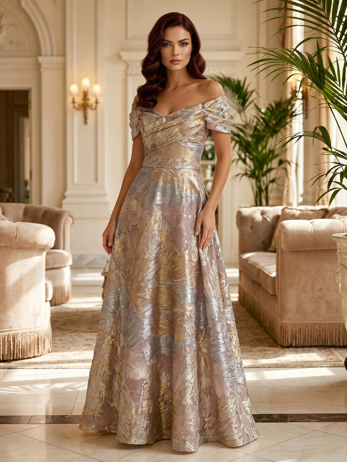 Jacquard A-Line Off Shoulder Pleated Mother of the Bride Dresses
