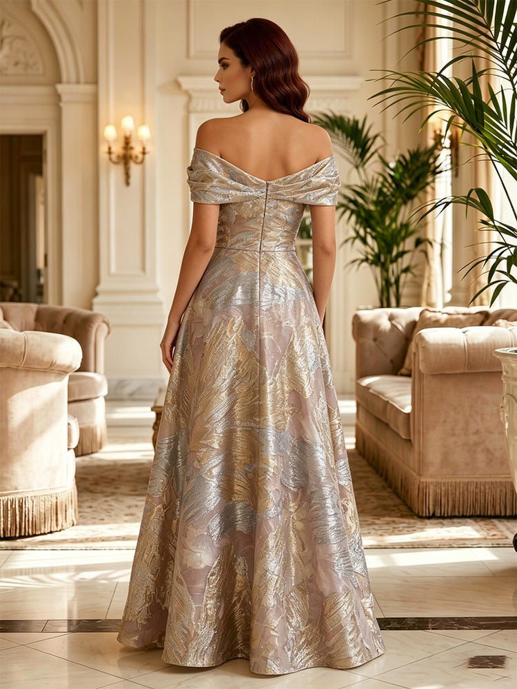 Jacquard A-Line Off Shoulder Pleated Mother of the Bride Dresses