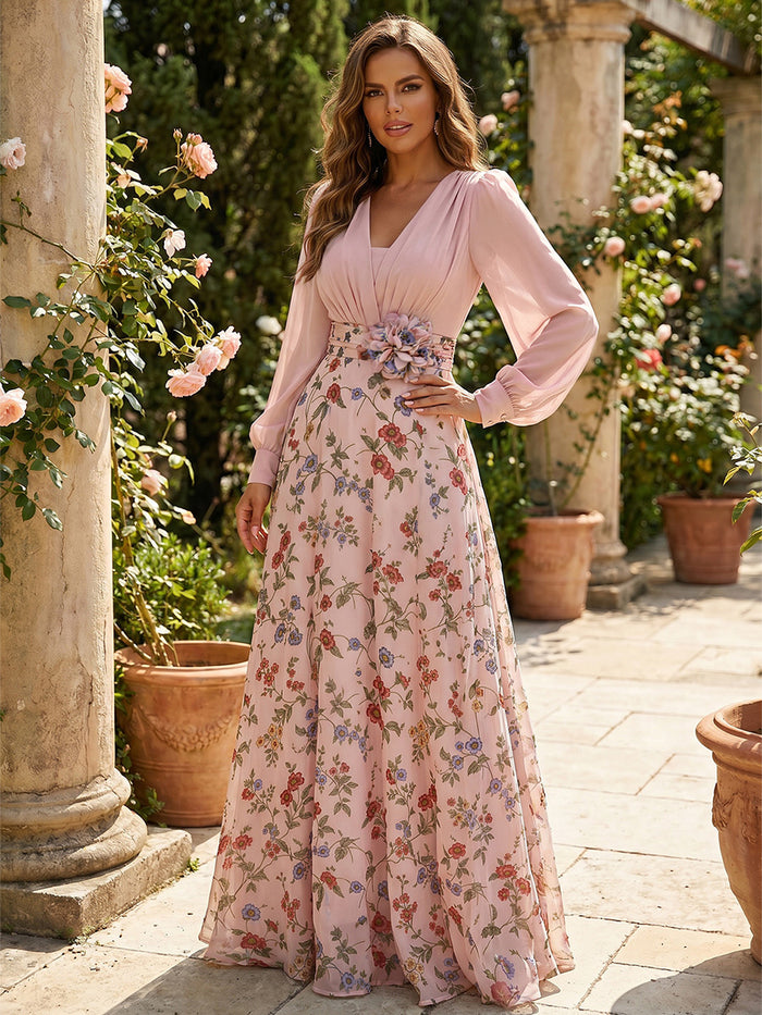 Chiffon A-Line V Neck Mother of the Bride Dresses with Floral Print