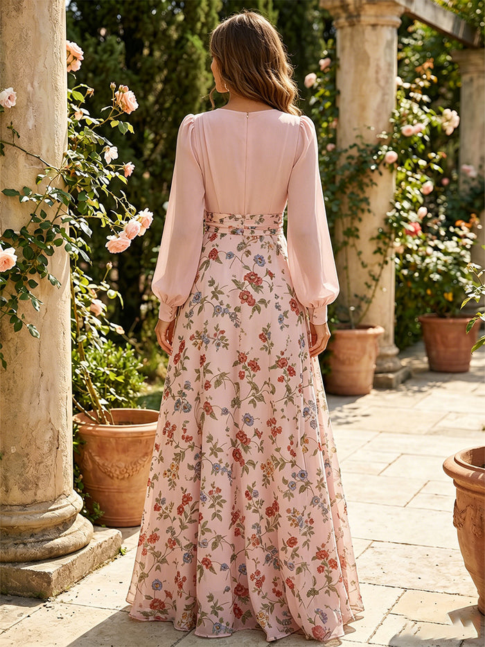 Chiffon A-Line V Neck Mother of the Bride Dresses with Floral Print