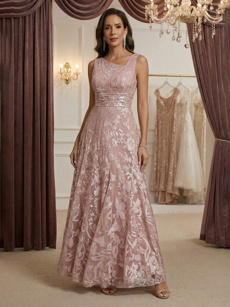Tulle A-Line Asymmetric Neck Mother of the Bride Dresses with Floral Embroidery