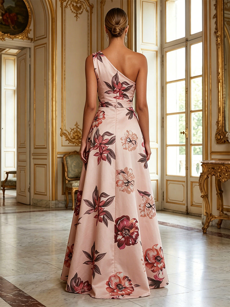 Satin A-Line One Shoulder Mother of the Bride Dresses with Floral Print