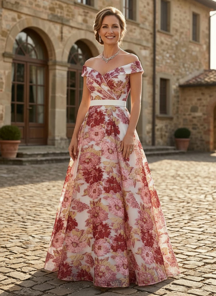 Jacquard A-Line Off Shoulder Pleated Mother of the Bride Dresses