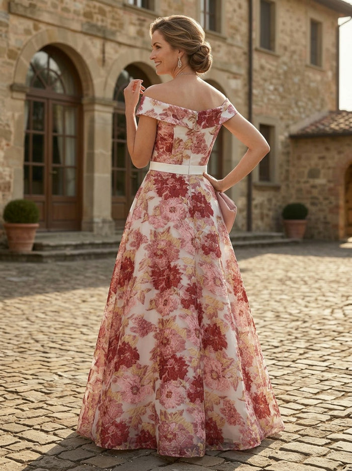 Jacquard A-Line Off Shoulder Pleated Mother of the Bride Dresses