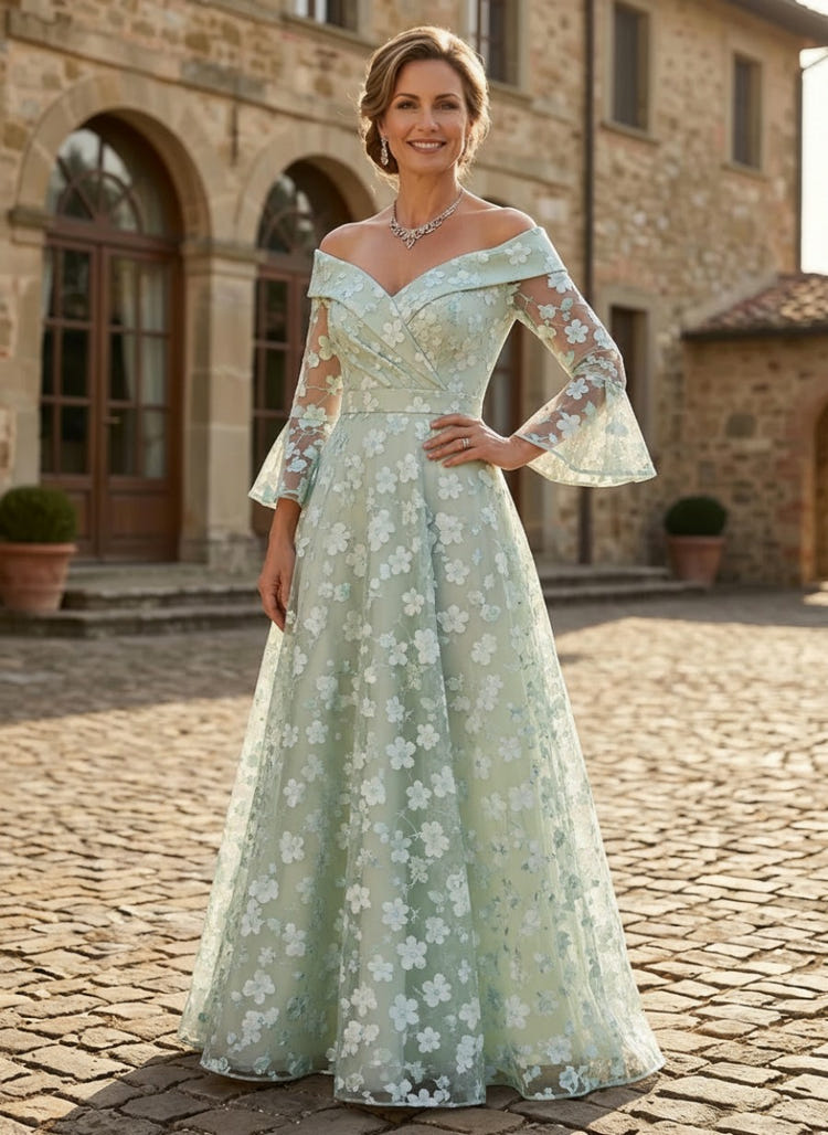Tulle A-Line Off Shoulder Mother of the Bride Dresses with Floral Embroidery