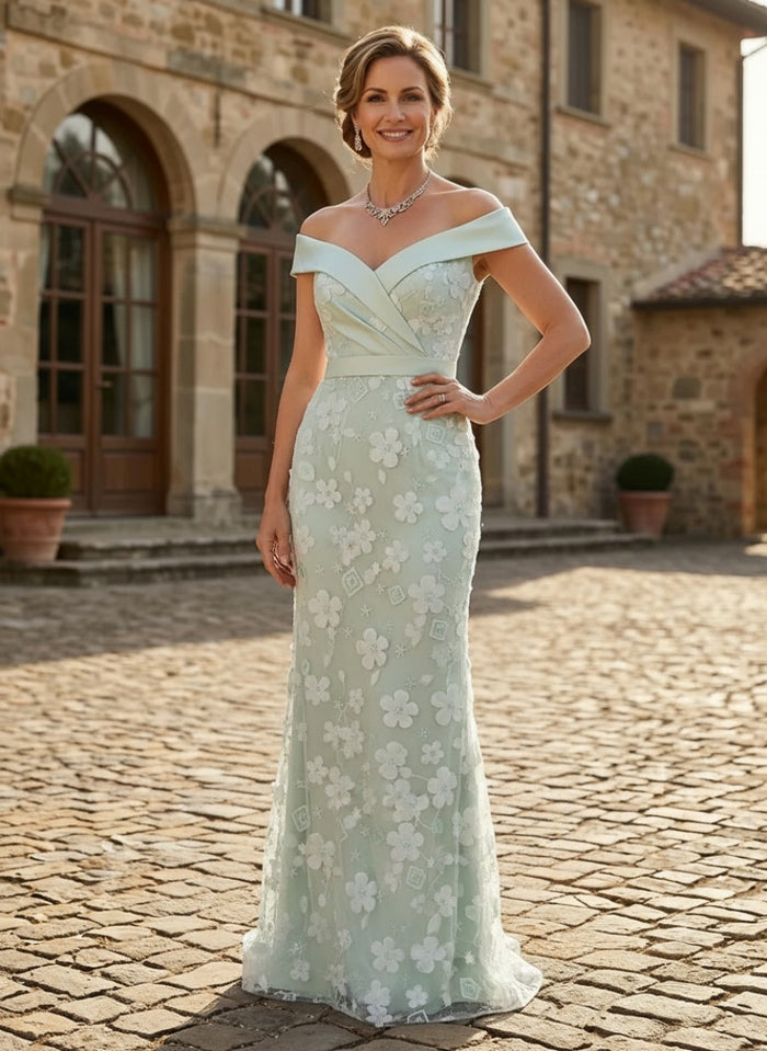 Tulle Mermaid Off Shoulder Mother of the Bride Dresses with Floral Embroidery