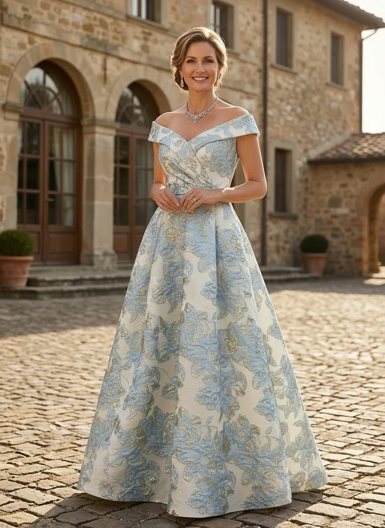 Jacquard A-Line Off Shoulder Pleated Mother of the Bride Dresses