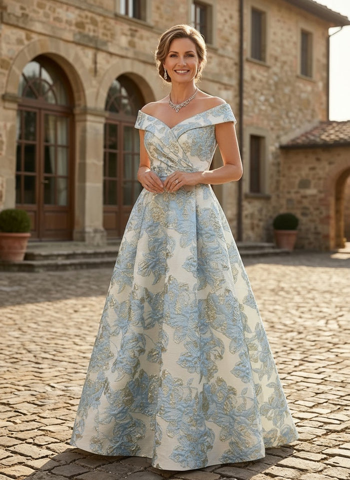 Jacquard A-Line Off Shoulder Pleated Mother of the Bride Dresses