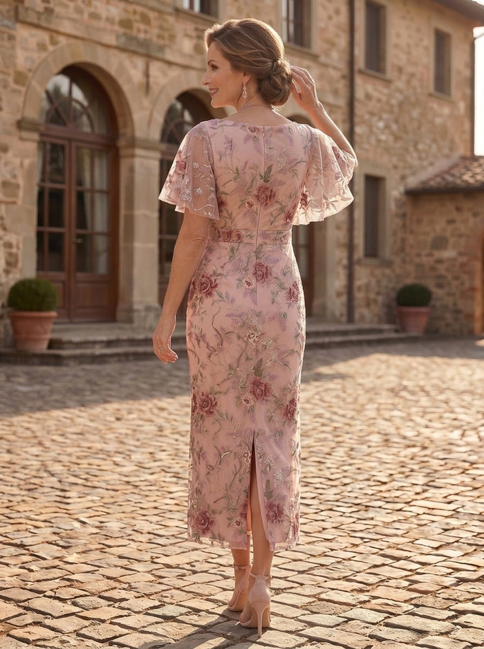Tulle Sheath V Neck Mother of the Bride Dresses with Floral Embroidery