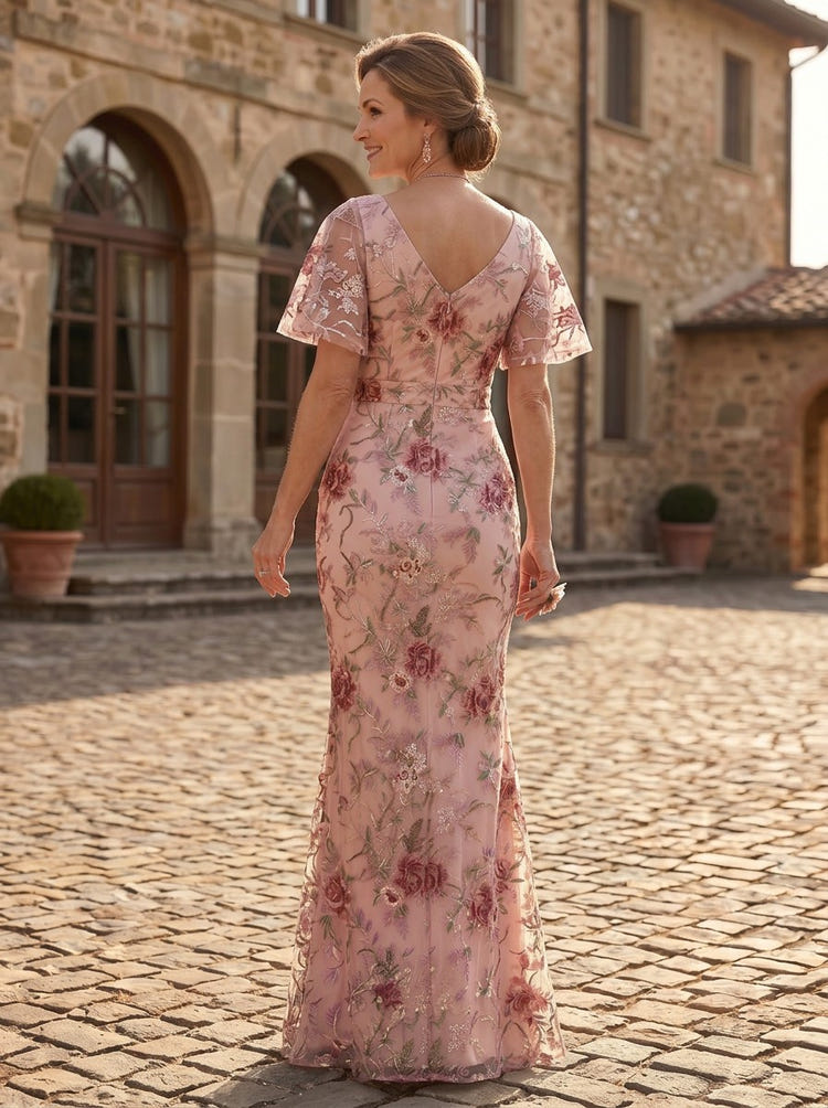 Tulle Mermaid V Neck Mother of the Bride Dresses with Floral Embroidery