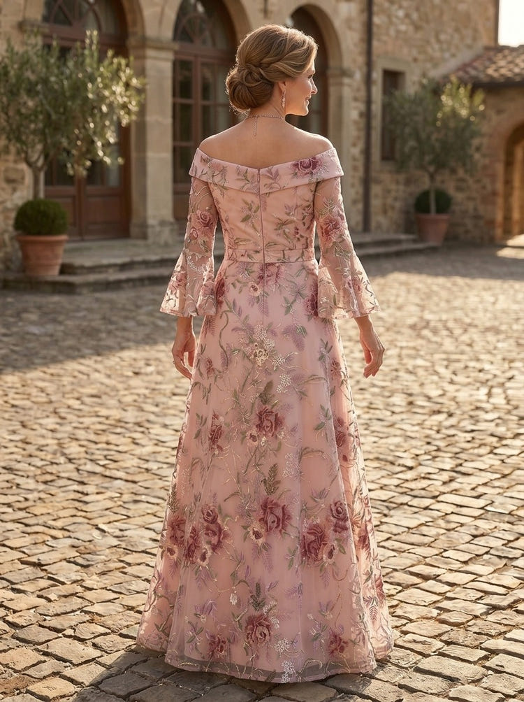 Tulle A-Line Off Shoulder Mother of the Bride Dresses with Floral Embroidery