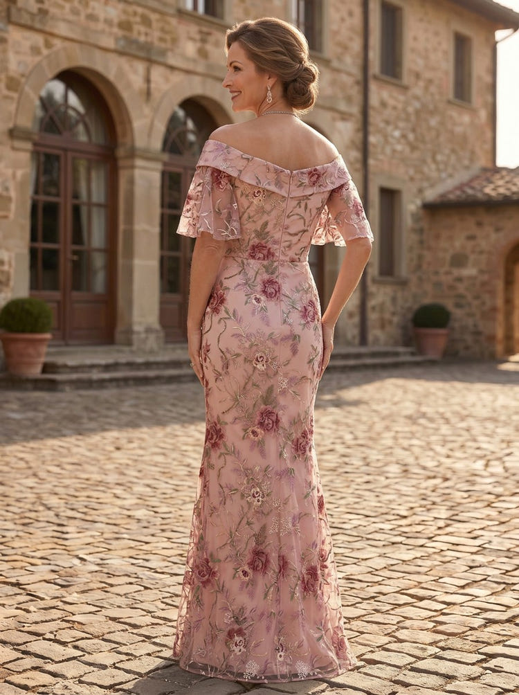 Tulle Mermaid Off Shoulder Mother of the Bride Dresses with Floral Embroidery