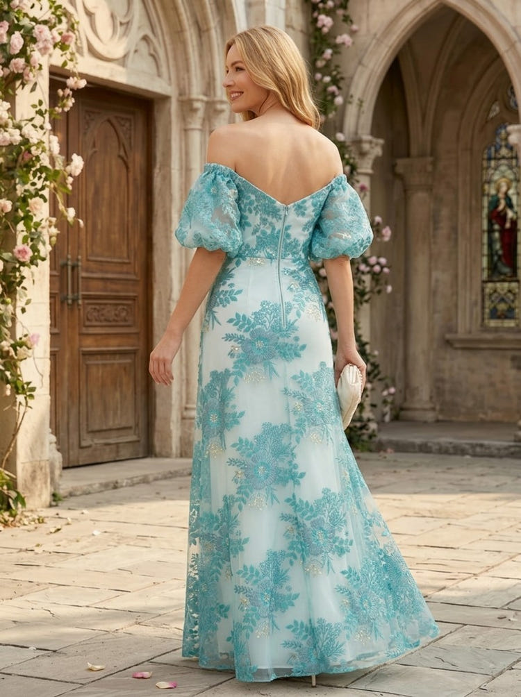 Jacquard A-Line Off Shoulder Mother of the Bride Dresses with Side Slit