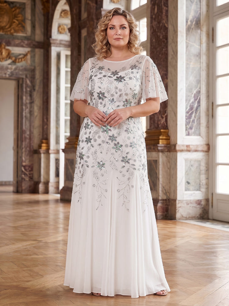 Chiffon A-Line Crew Neck Plus Size Mother of the Bride Dresses with Sequin Embroidery