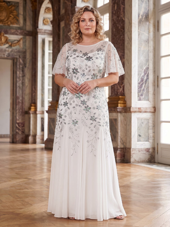 Chiffon A-Line Crew Neck Plus Size Mother of the Bride Dresses with Sequin Embroidery
