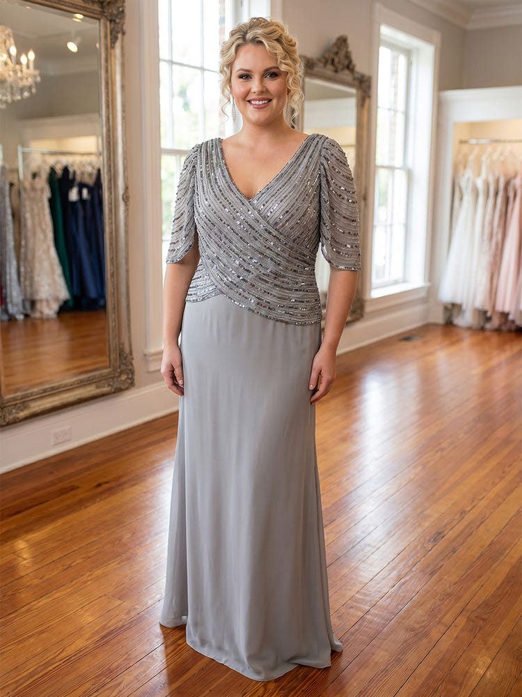 Satin Sheath V Neck Plus Size Mother of the Bride Dresses with Sequin