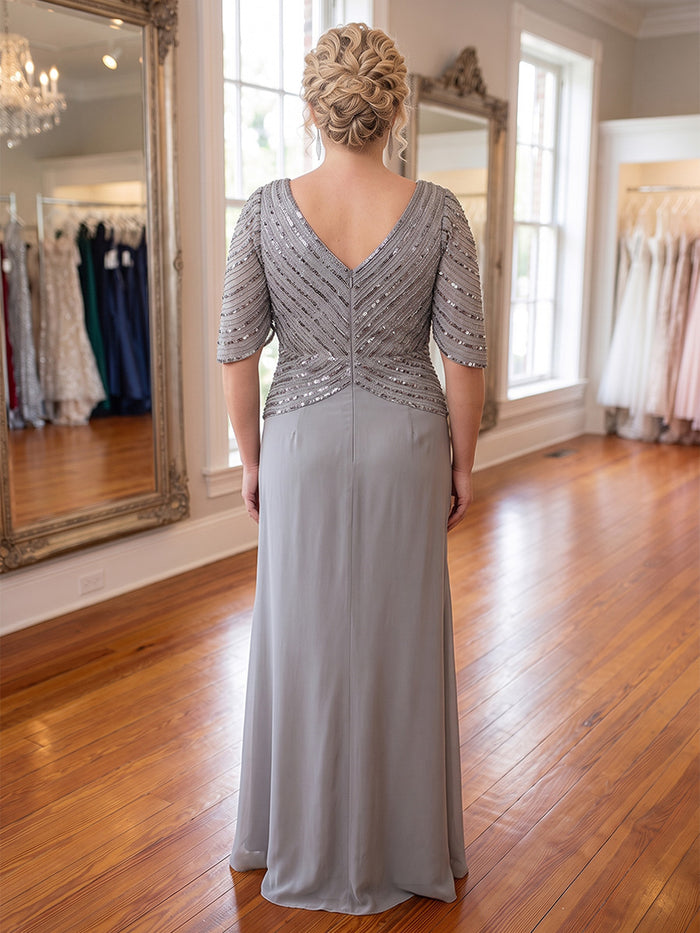 Satin Sheath V Neck Plus Size Mother of the Bride Dresses with Sequin