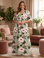 Chiffon A-Line V Neck Plus Size Mother of the Bride Dresses with Floral Embroidery
