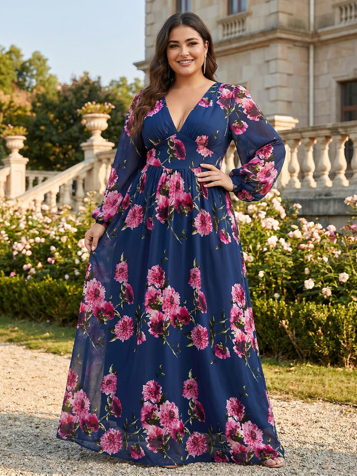 Chiffon A-Line V Neck Plus Size Mother of the Bride Dresses with Floral Embroidery