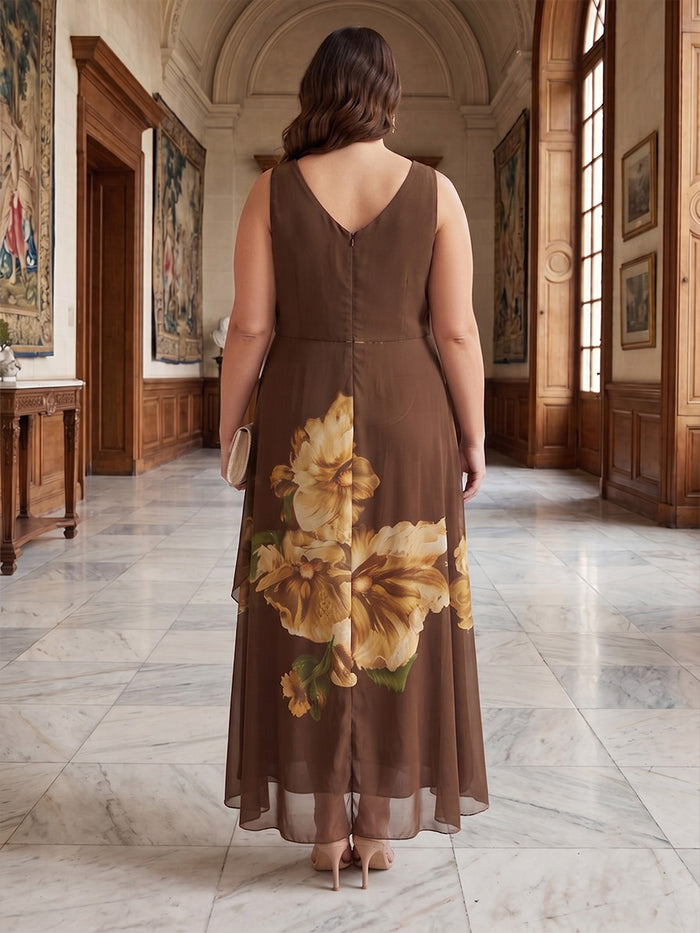 Chiffon A-Line V Neck Plus Size Mother of the Bride Dresses with Floral Embroidery