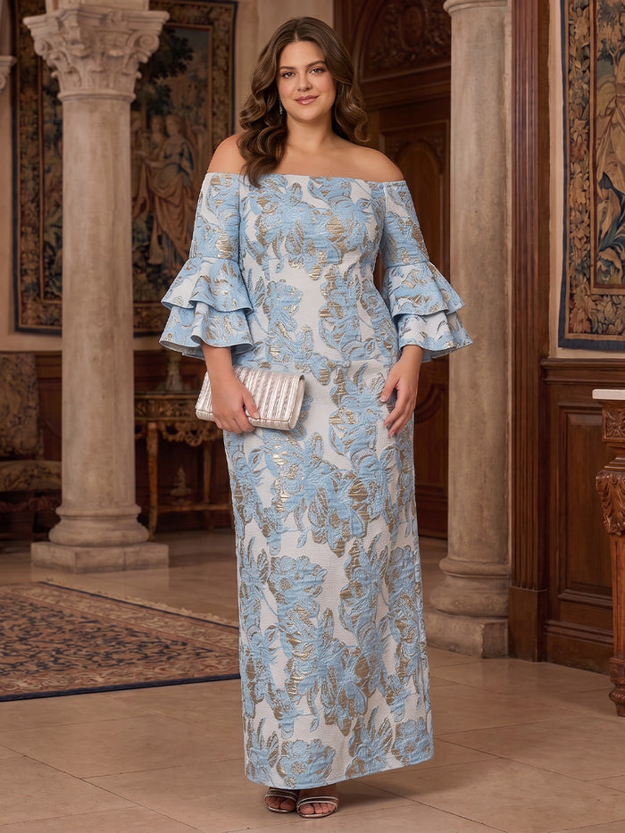 Jacquard Sheath Off Shoulder Tiered Plus Size Mother of the Bride Dresses