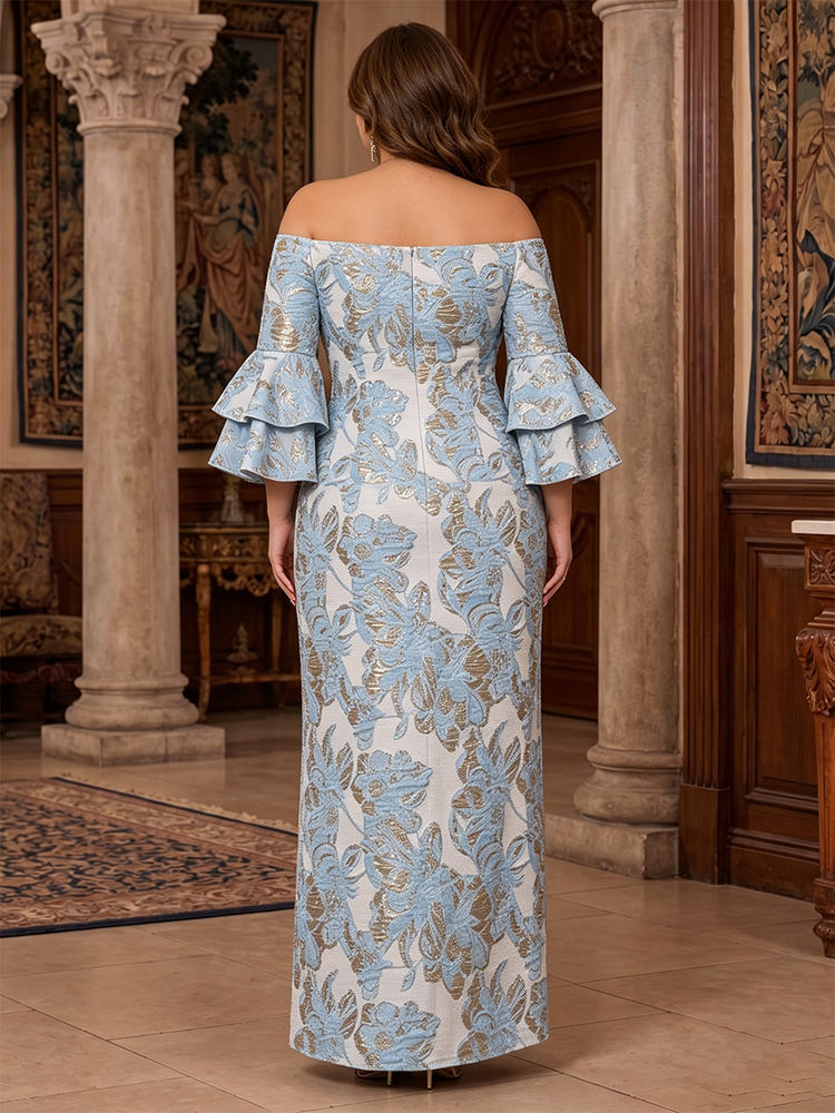 Jacquard Sheath Off Shoulder Tiered Plus Size Mother of the Bride Dresses