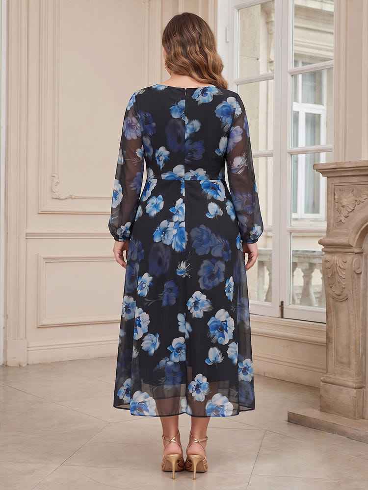 Satin A-Line V Neck Plus Size Mother of the Bride Dresses with Floral Print