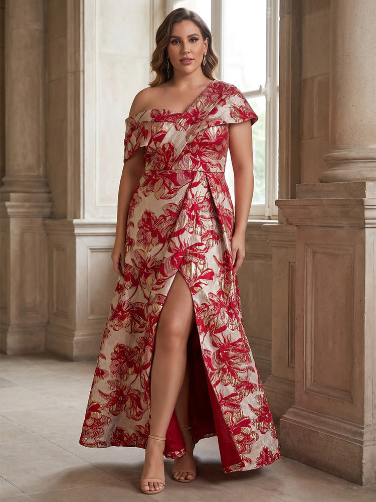 Jacquard A-Line One Shoulder Plus Size Mother of the Bride Dresses with Side Slit