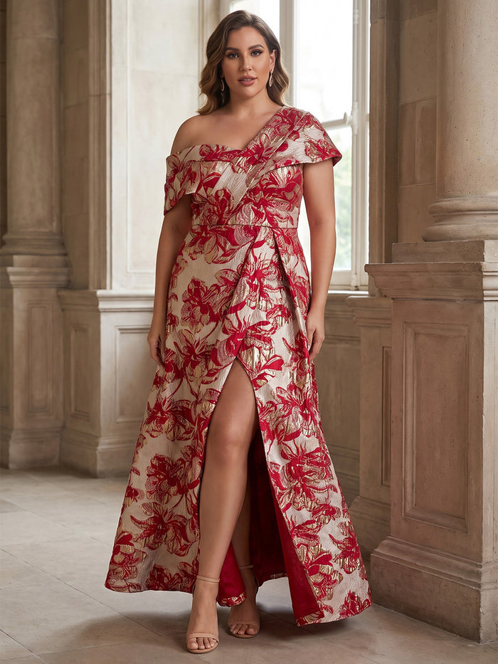 Jacquard A-Line One Shoulder Plus Size Mother of the Bride Dresses with Side Slit