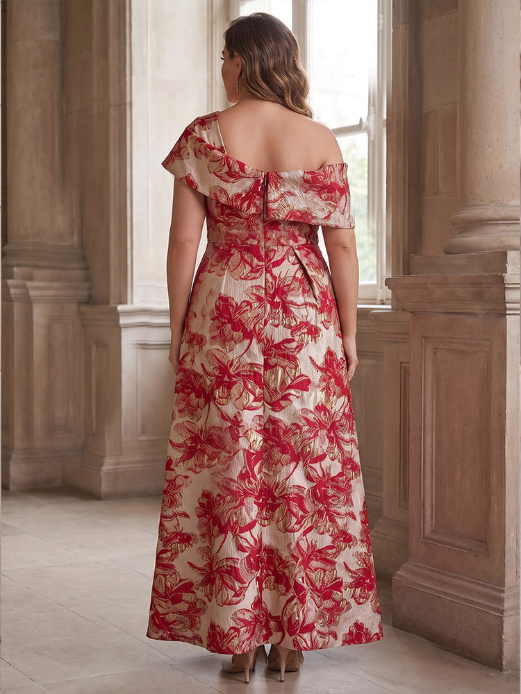 Jacquard A-Line One Shoulder Plus Size Mother of the Bride Dresses with Side Slit