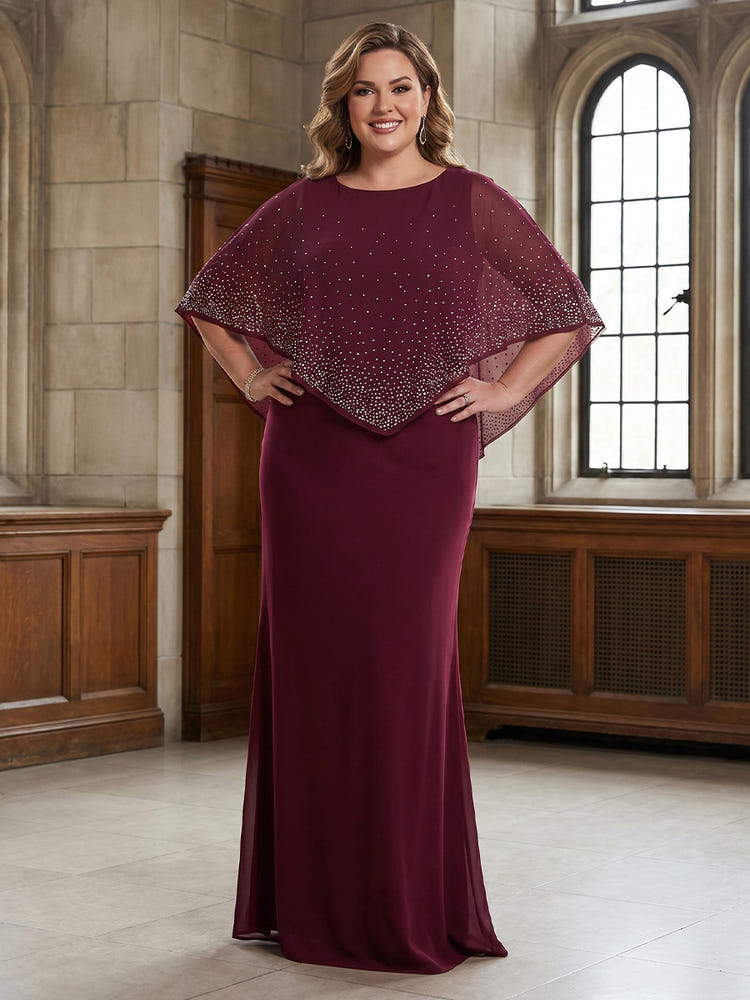 Chiffon Mermaid Crew Neck Plus Size Mother of the Bride Dresses with Caps