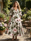 Satin A-Line V Neck Plus Size Mother of the Bride Dresses with Floral Print