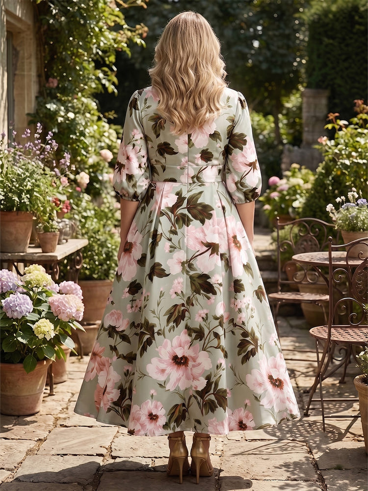 Satin A-Line V Neck Plus Size Mother of the Bride Dresses with Floral Print