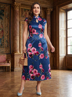 Satin A-Line Stand Colla Plus Size Mother of the Bride Dresses with Keyhole