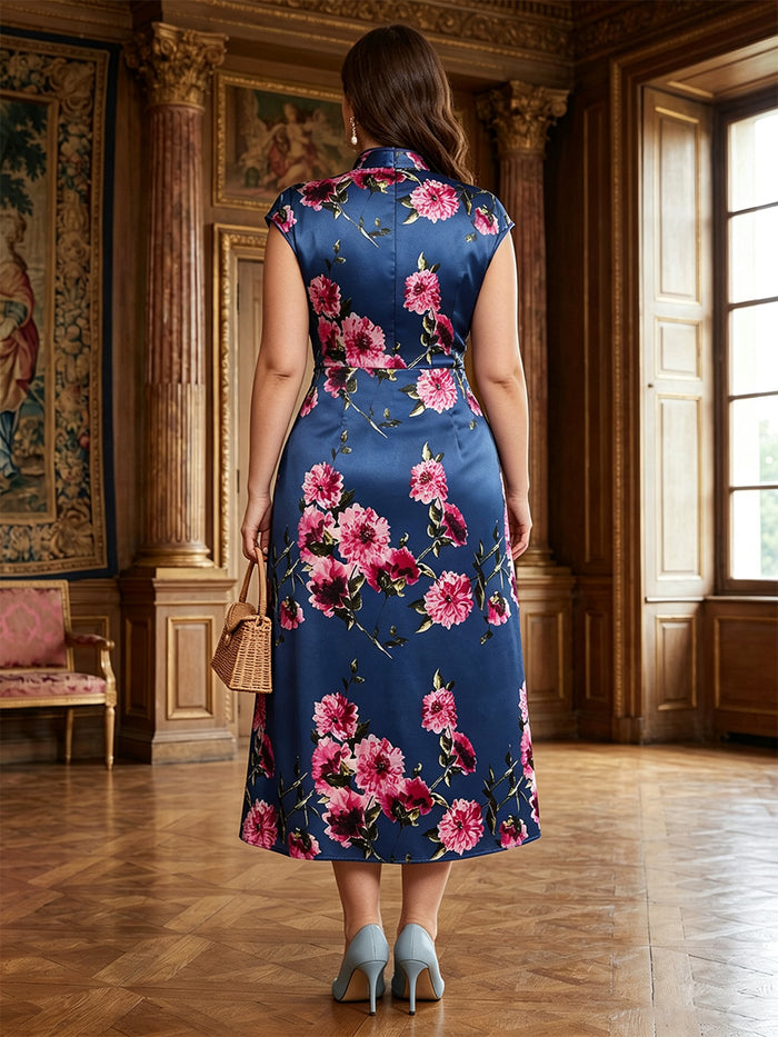 Satin A-Line Stand Colla Plus Size Mother of the Bride Dresses with Keyhole