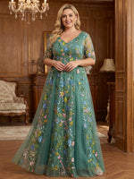 Tulle A-Line V Neck Plus Size Mother of the Bride Dresses with Floral Embroidery