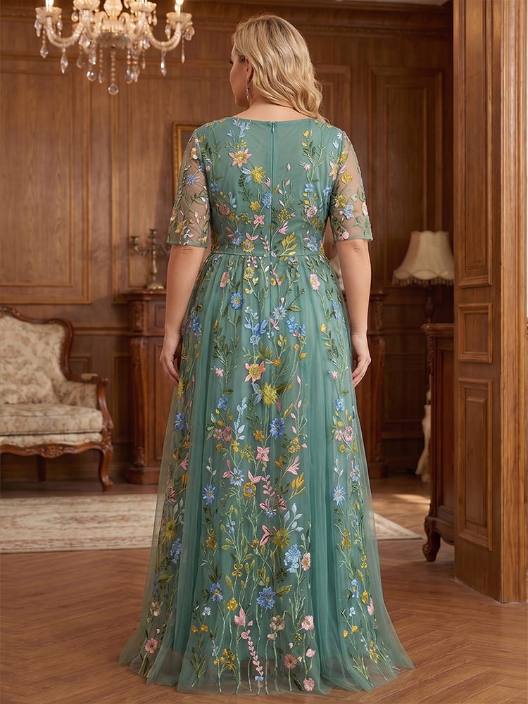 Tulle A-Line V Neck Plus Size Mother of the Bride Dresses with Floral Embroidery